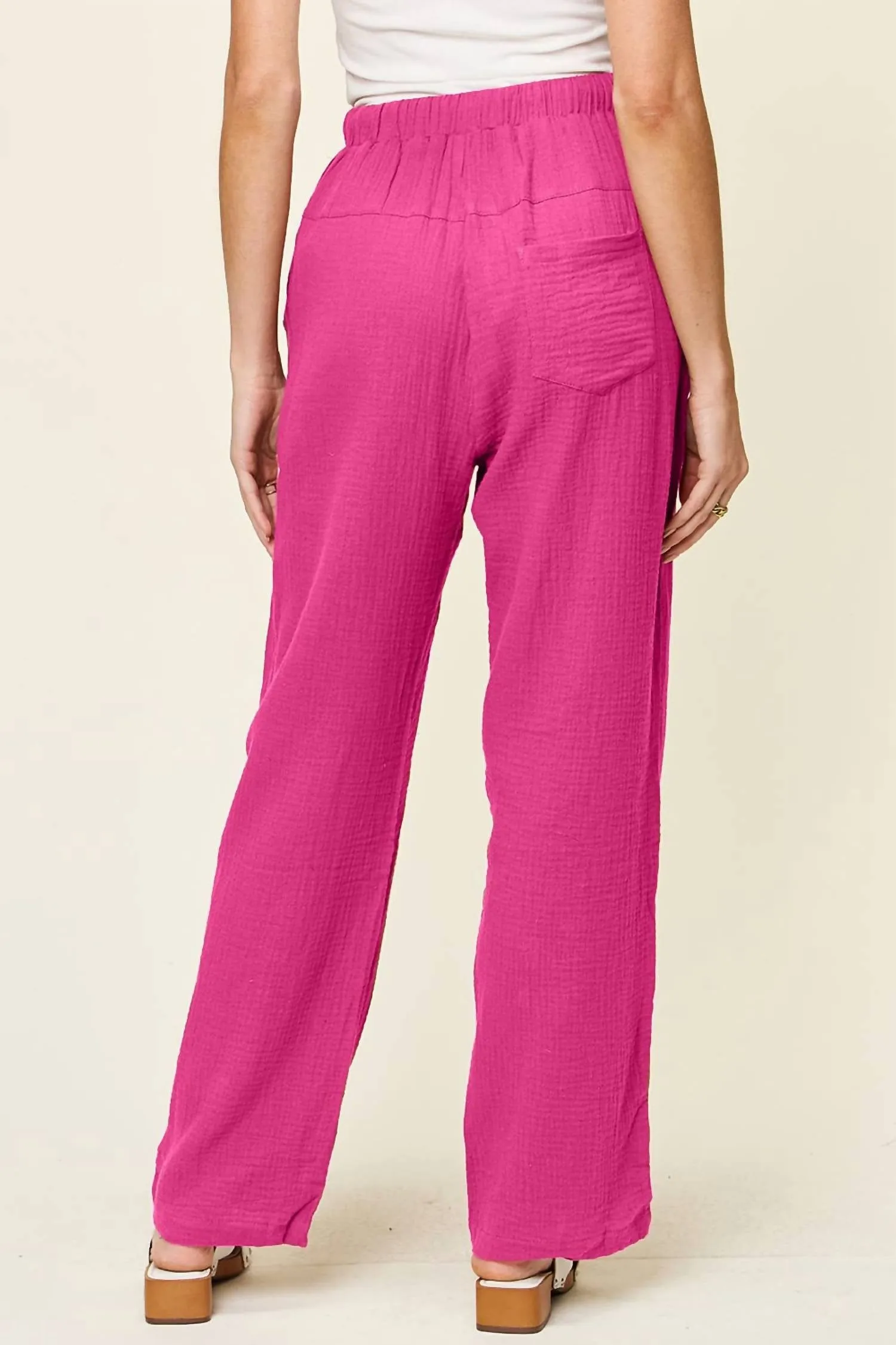 Texture Drawstring Straight Pants In Hot Pink