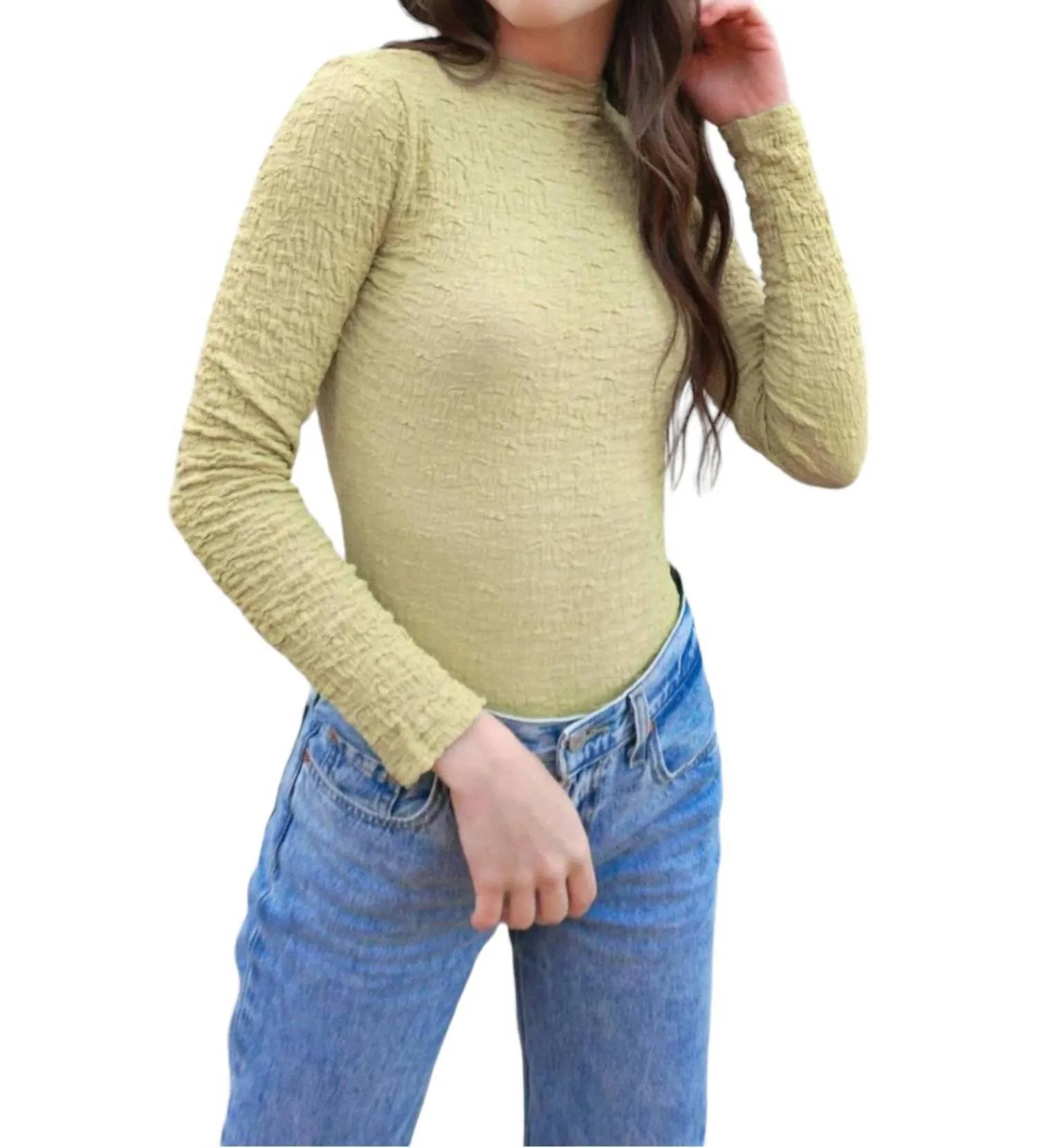 Textured Long Sleeve Bodysuit In Celery