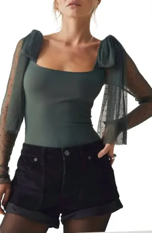Tongue Tied Mesh Detail Bodysuit In Green Gables