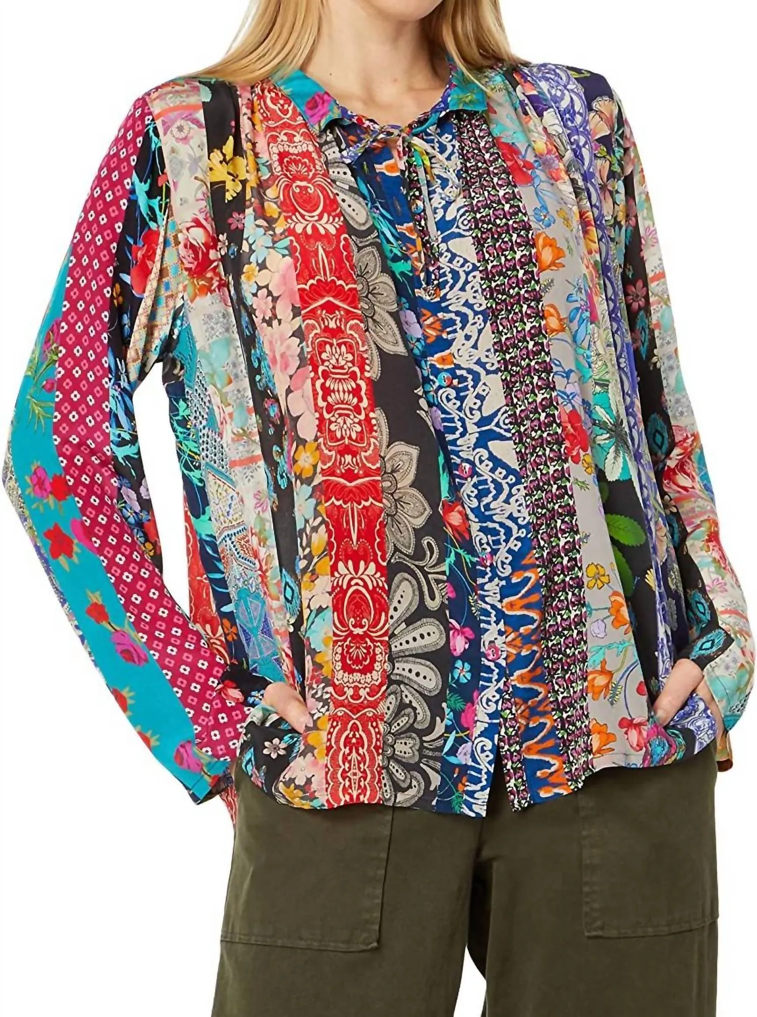 Treble Sofia Button Up Silk Blouse In Multi