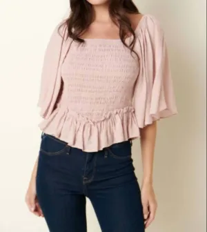 Trysta Smocked Peplum Top In Blush