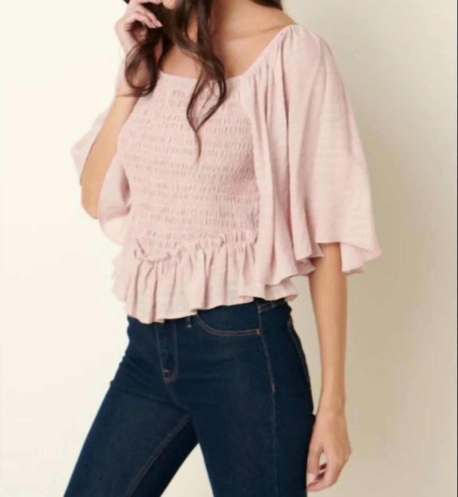 Trysta Smocked Peplum Top In Blush