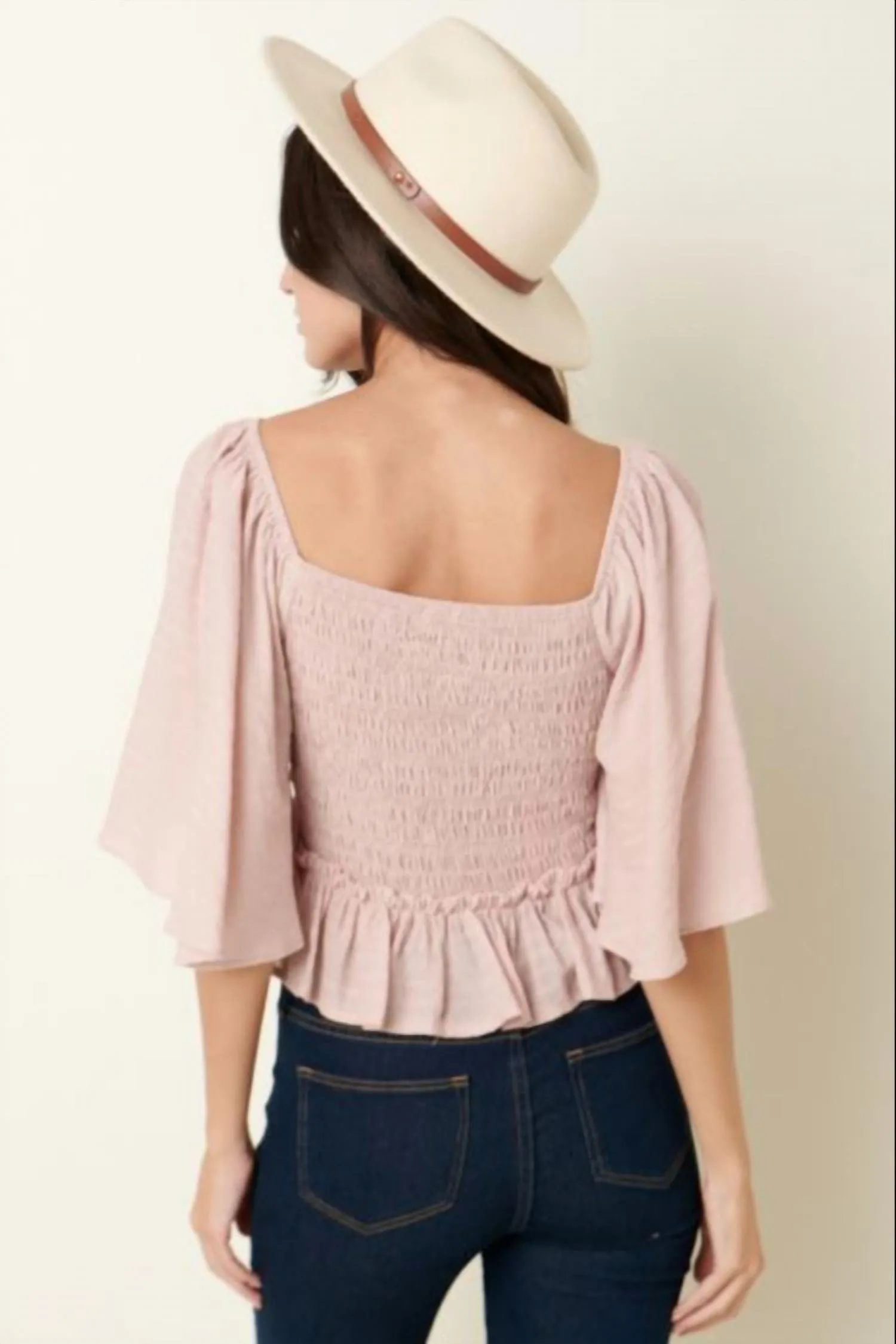 Trysta Smocked Peplum Top In Blush