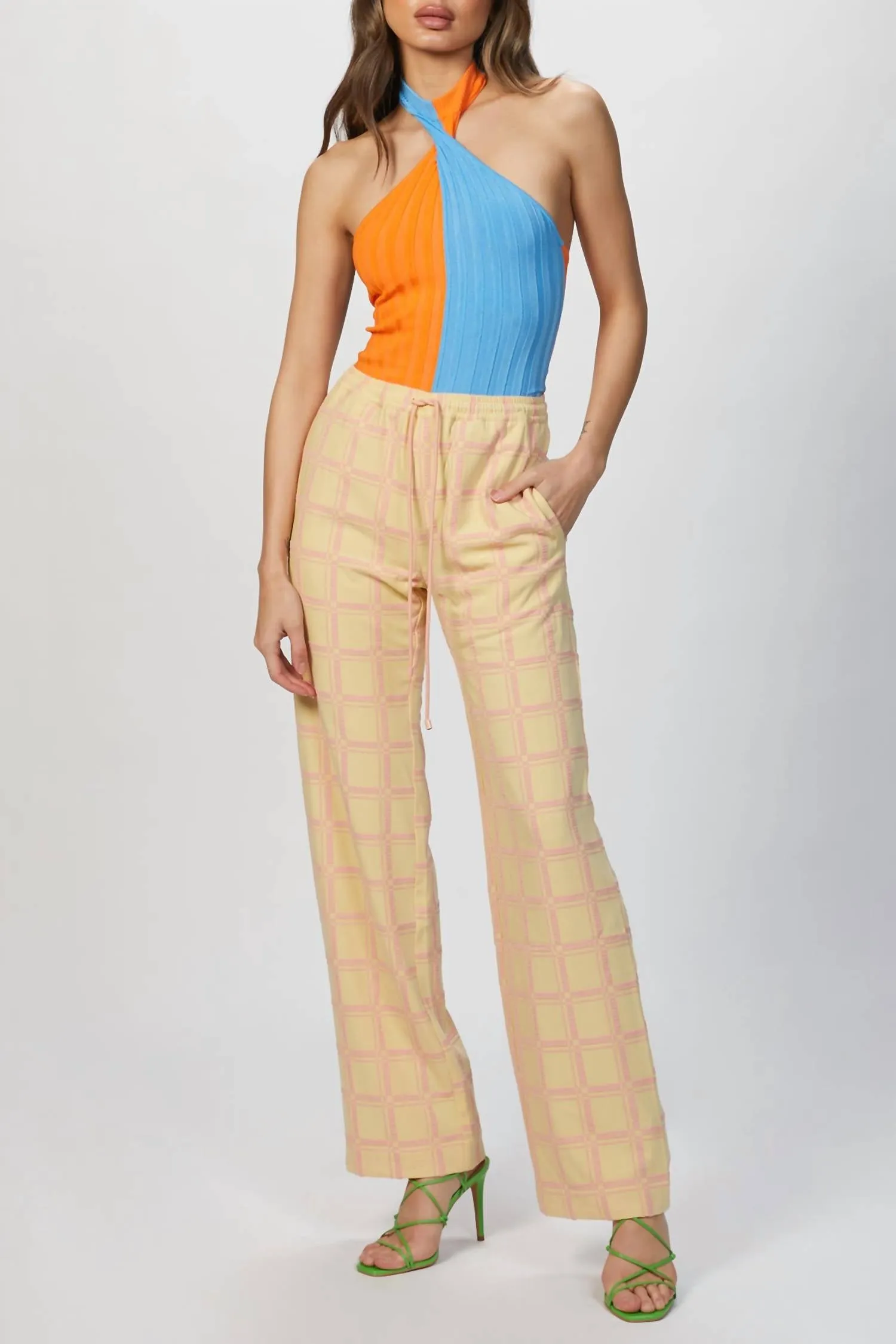 Two-Tone Halterneck Bodysuit In Orange/blue