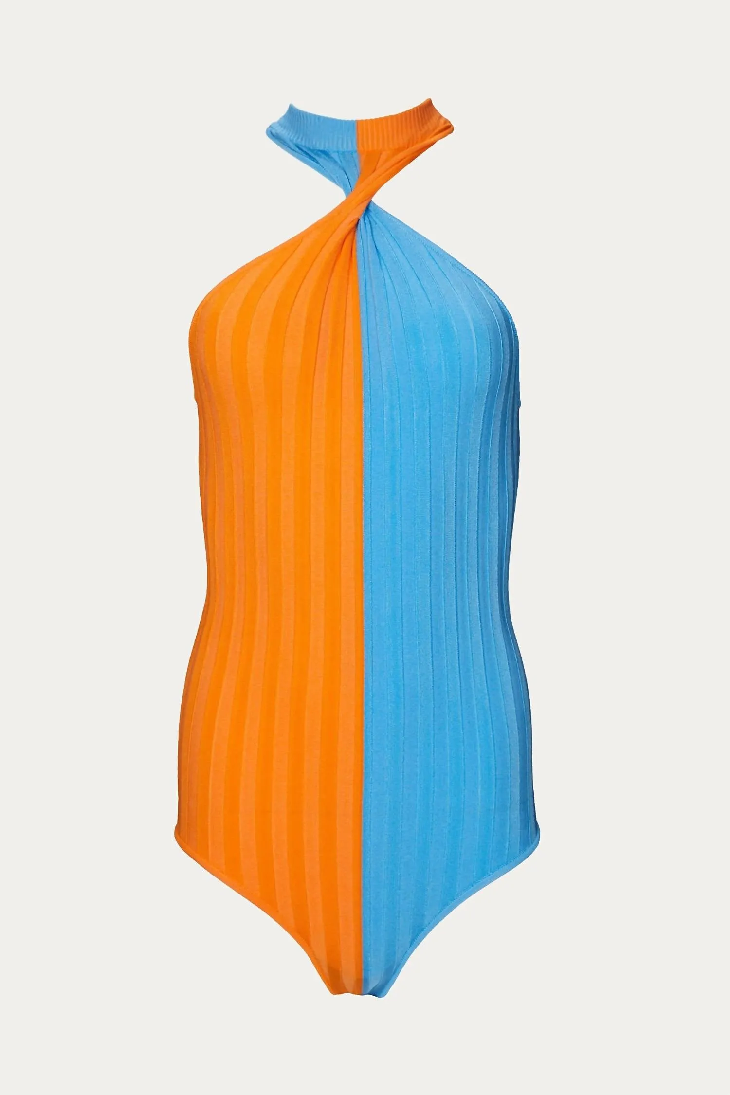 Two-Tone Halterneck Bodysuit In Orange/blue