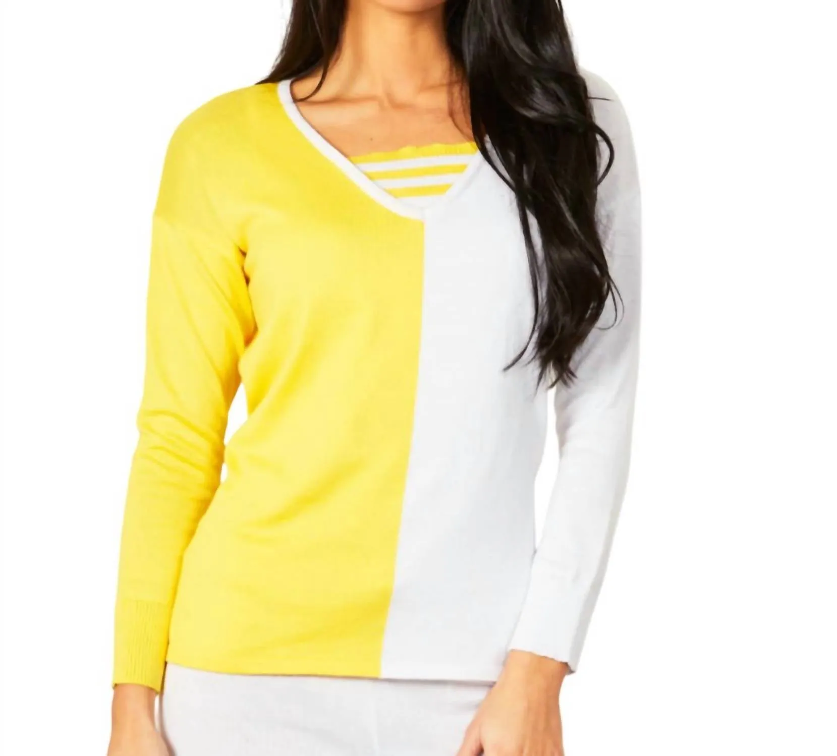 Two-Tone Stripe Detail Top In Lemon/white