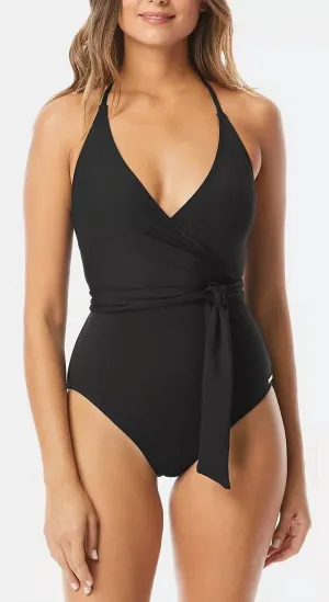 V-Neck Halter Tie One Piece Swimsuit In Black Sunset