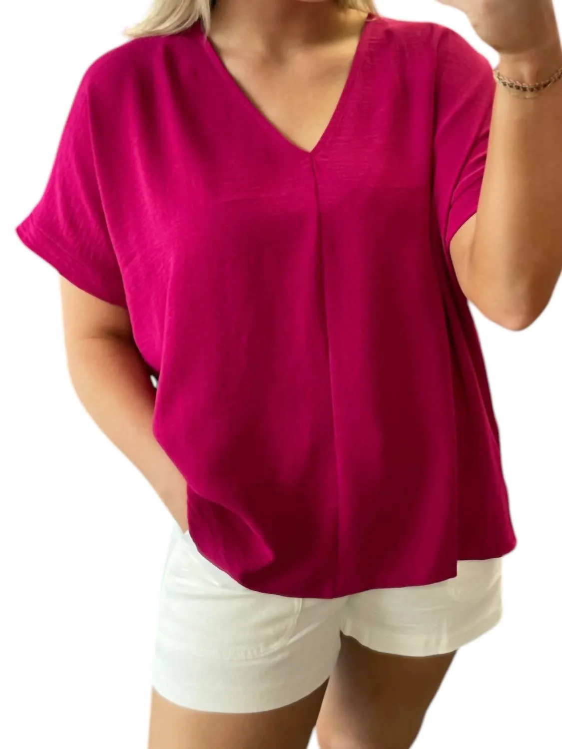 V-Neck Woven Top In Magenta