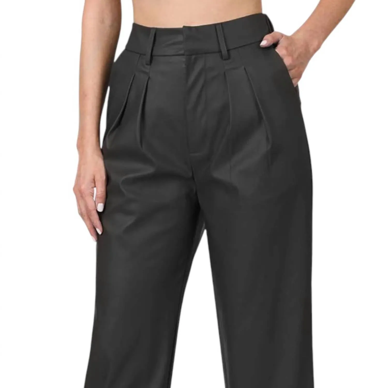 Vegan Leather Pleat Front Pants In Black