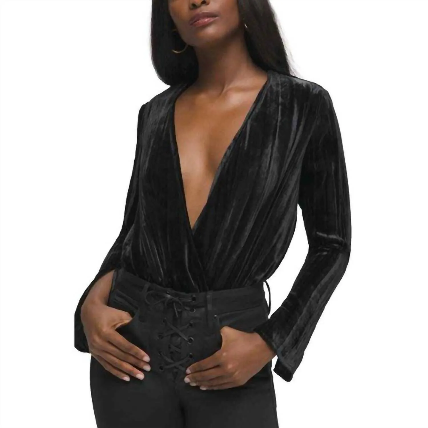 Velvet Wrap V Neck Long Sleeve Bodysuit In Black