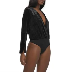 Velvet Wrap V Neck Long Sleeve Bodysuit In Black