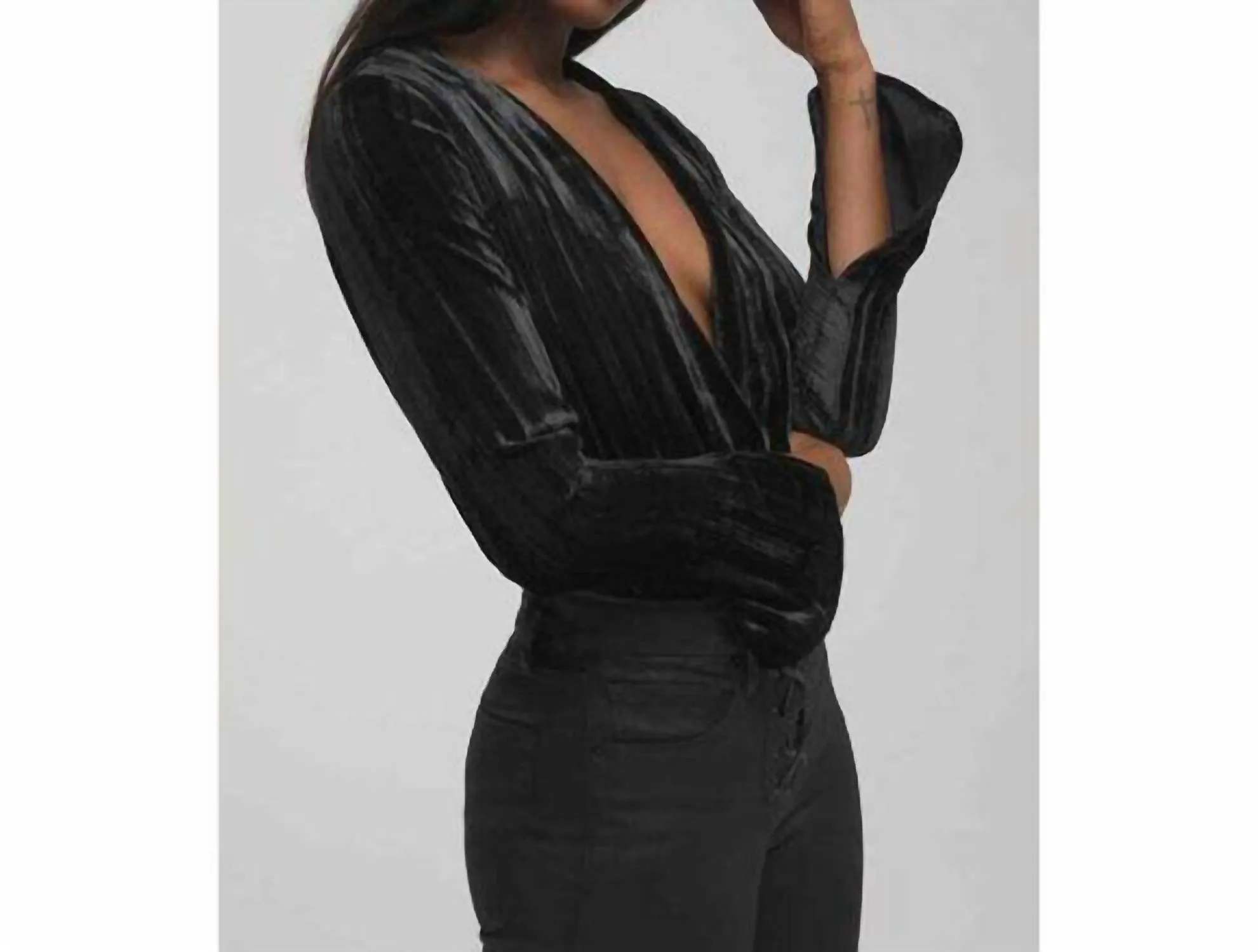 Velvet Wrap V Neck Long Sleeve Bodysuit In Black