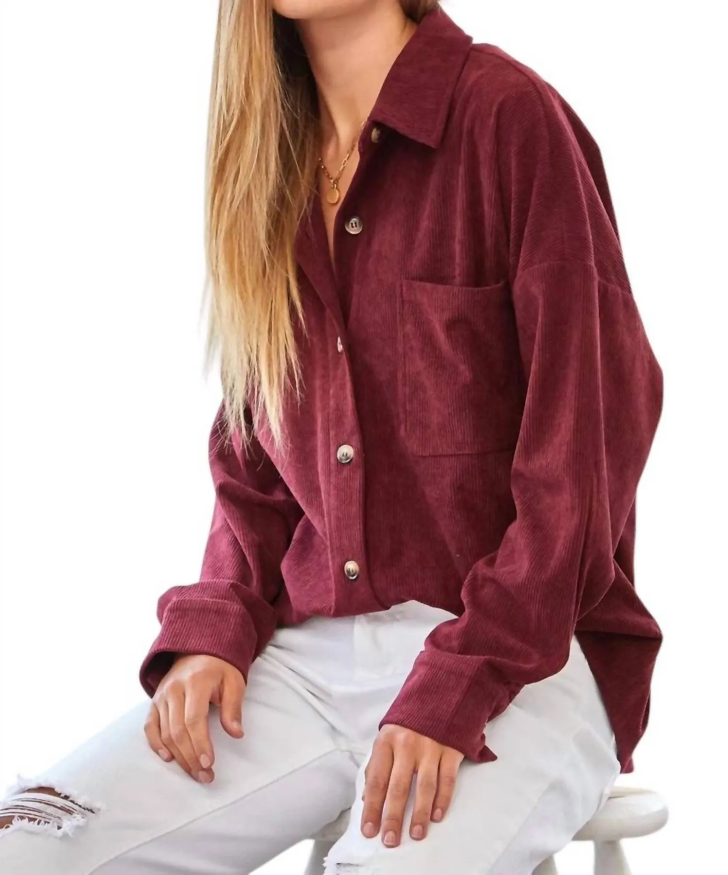 We Go Together Corduroy Button Down Top In Wine