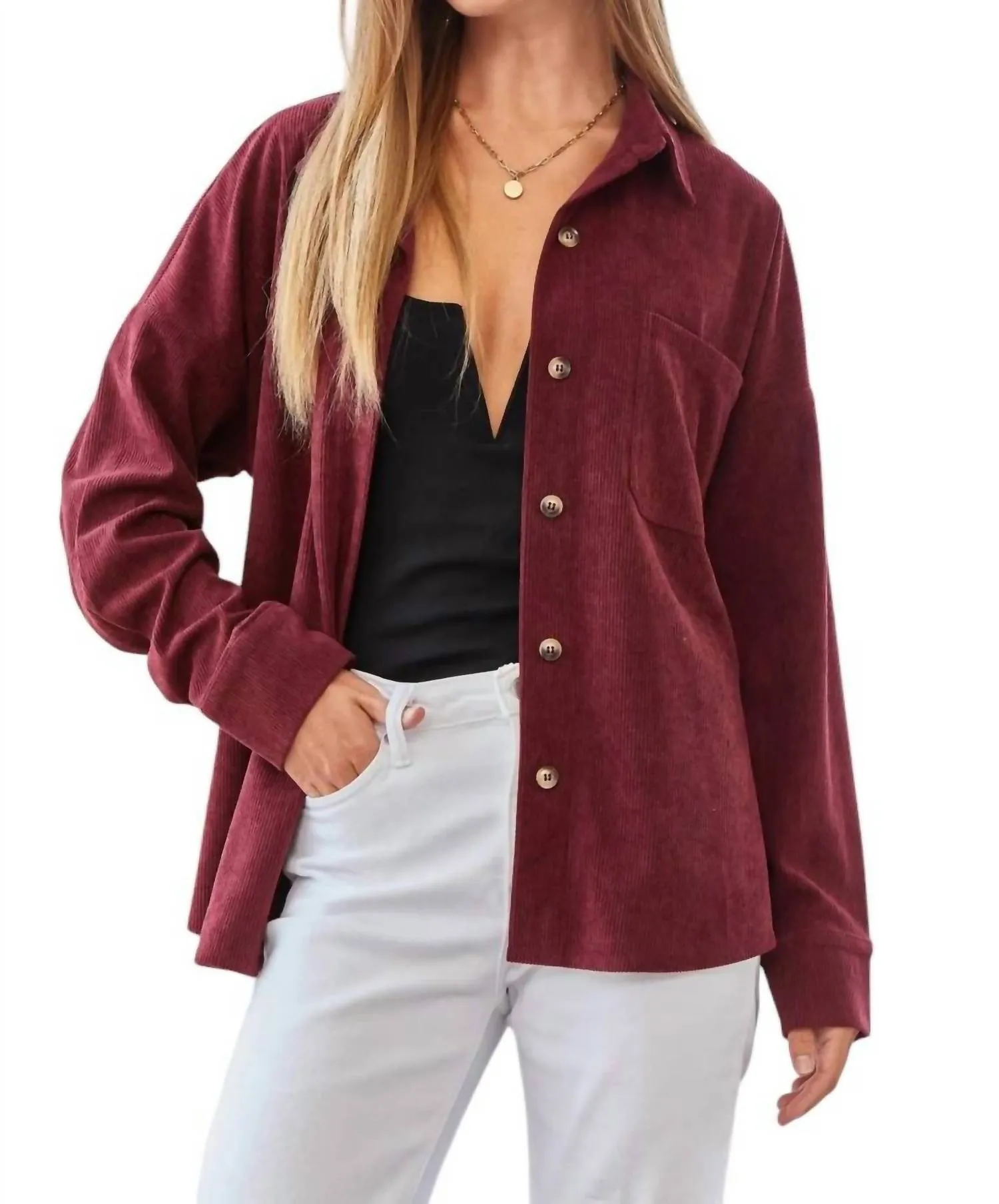 We Go Together Corduroy Button Down Top In Wine