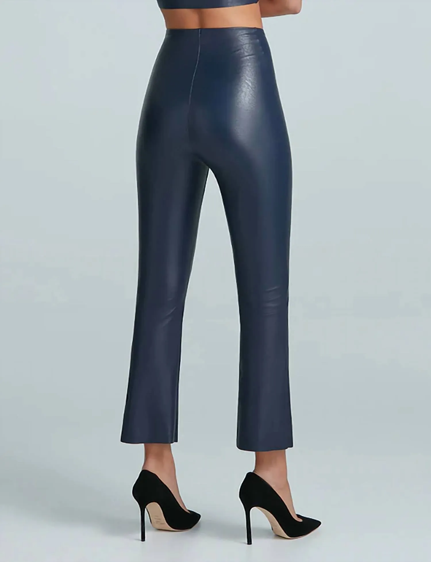 Women's Faux Leather Crop Flare Legging In Navy