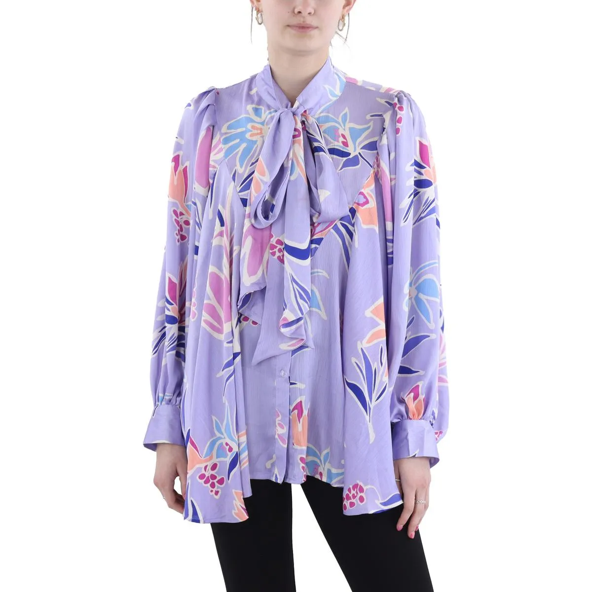 Womens Floral Print Sharkbite Hem Button-Down Top