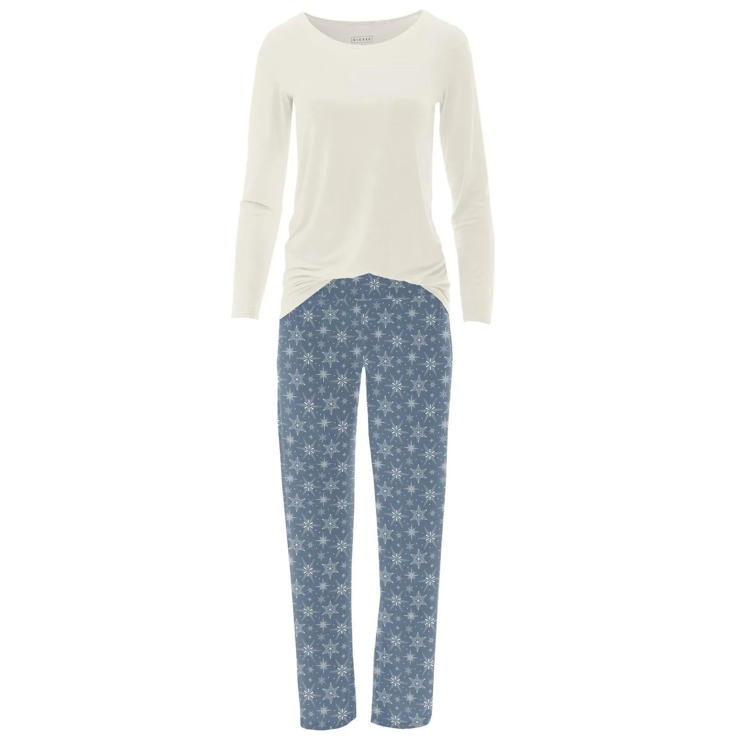Women's Long Sleeve Tee & Pajama Pants Set In Parisian Blue Snowflakes