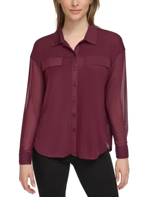 Womens Mesh Long Sleeve Button-Down Top