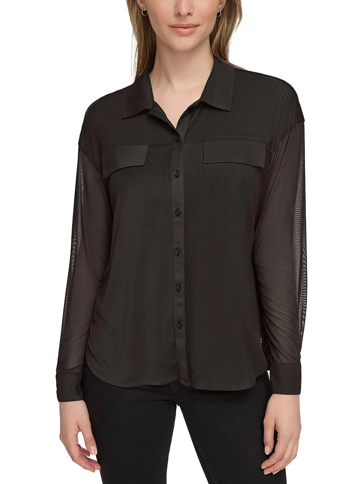 Womens Mesh Long Sleeve Button-Down Top