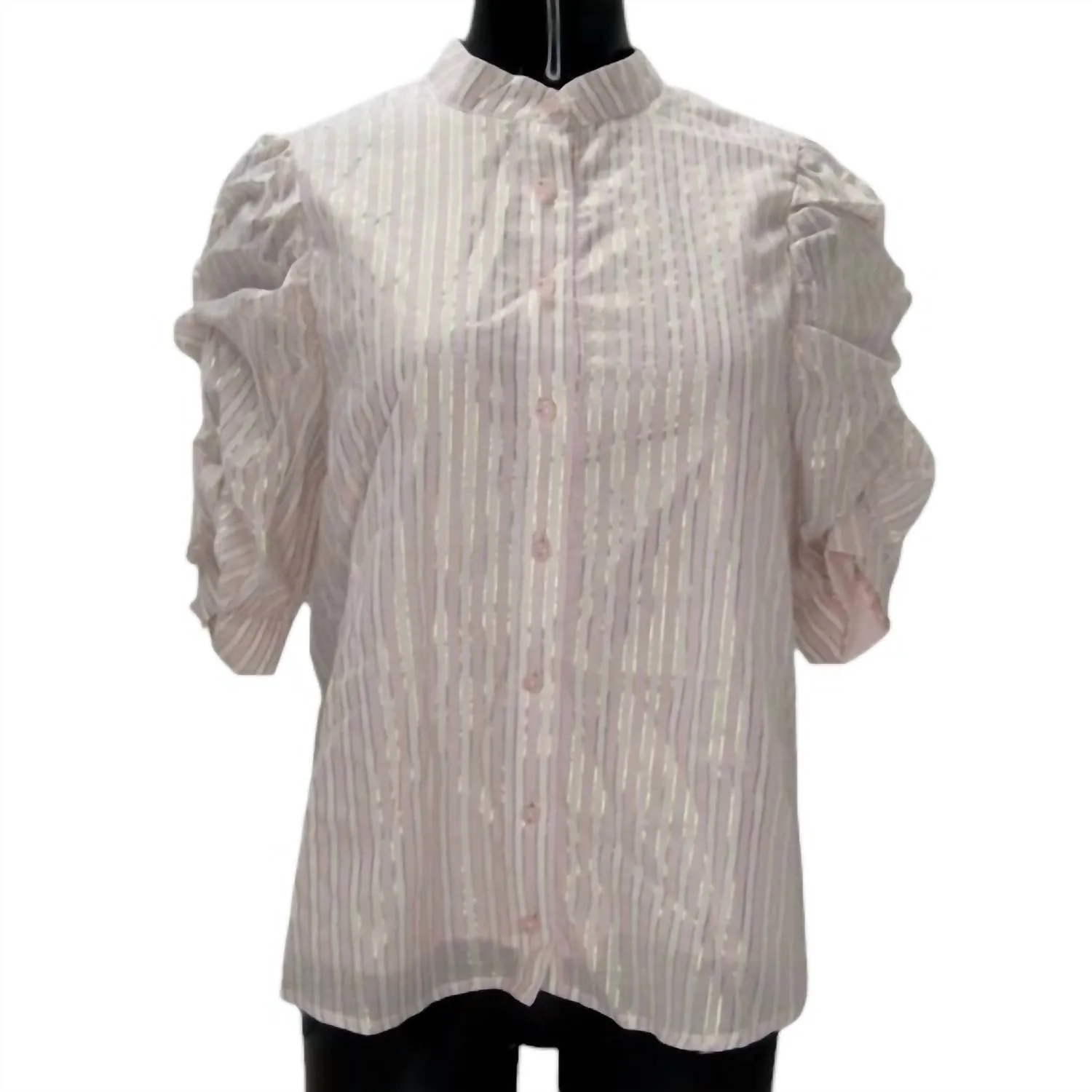 Women's Metallic Striped Puff Sleeves Button Top In Pink