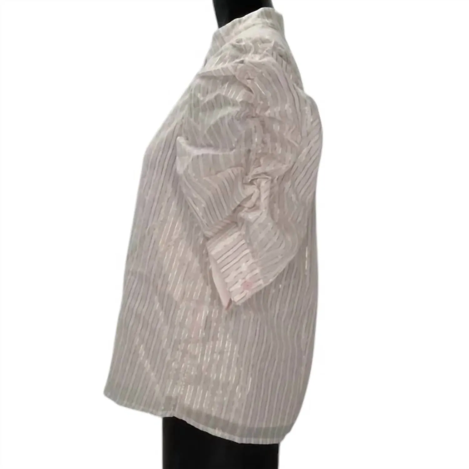 Women's Metallic Striped Puff Sleeves Button Top In Pink