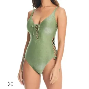 Women's Shimmer Lace Up One Piece Swimsuit In Green