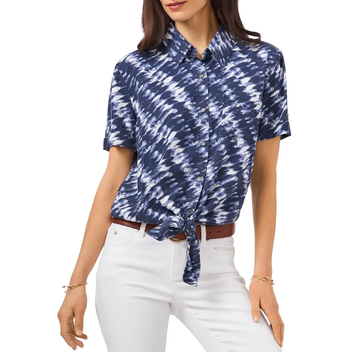 Womens Tie Dye Tie Front Button-Down Top