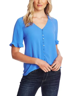 Womens V-Neck Ruffled Button-Down Top