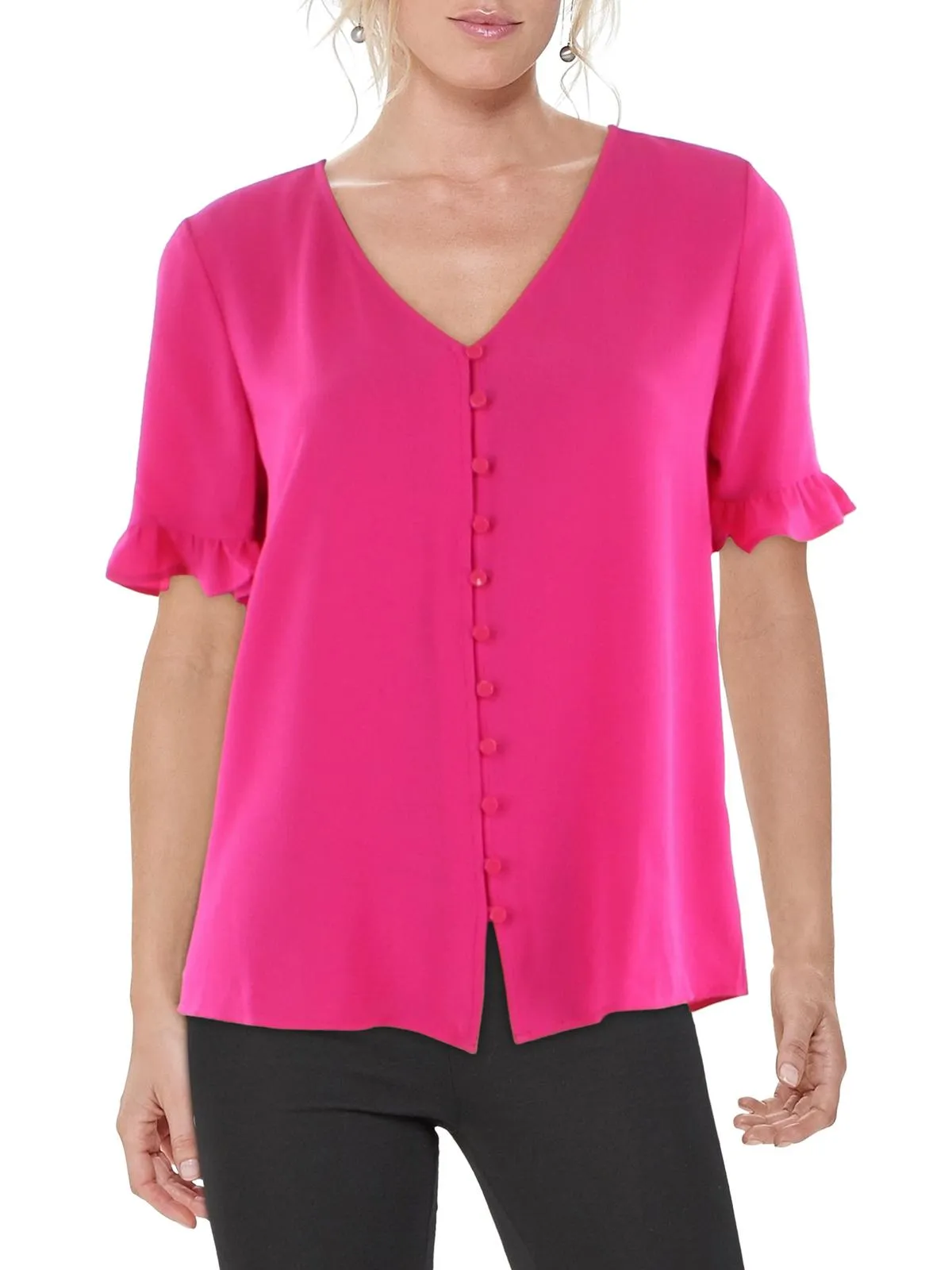 Womens V-Neck Ruffled Button-Down Top