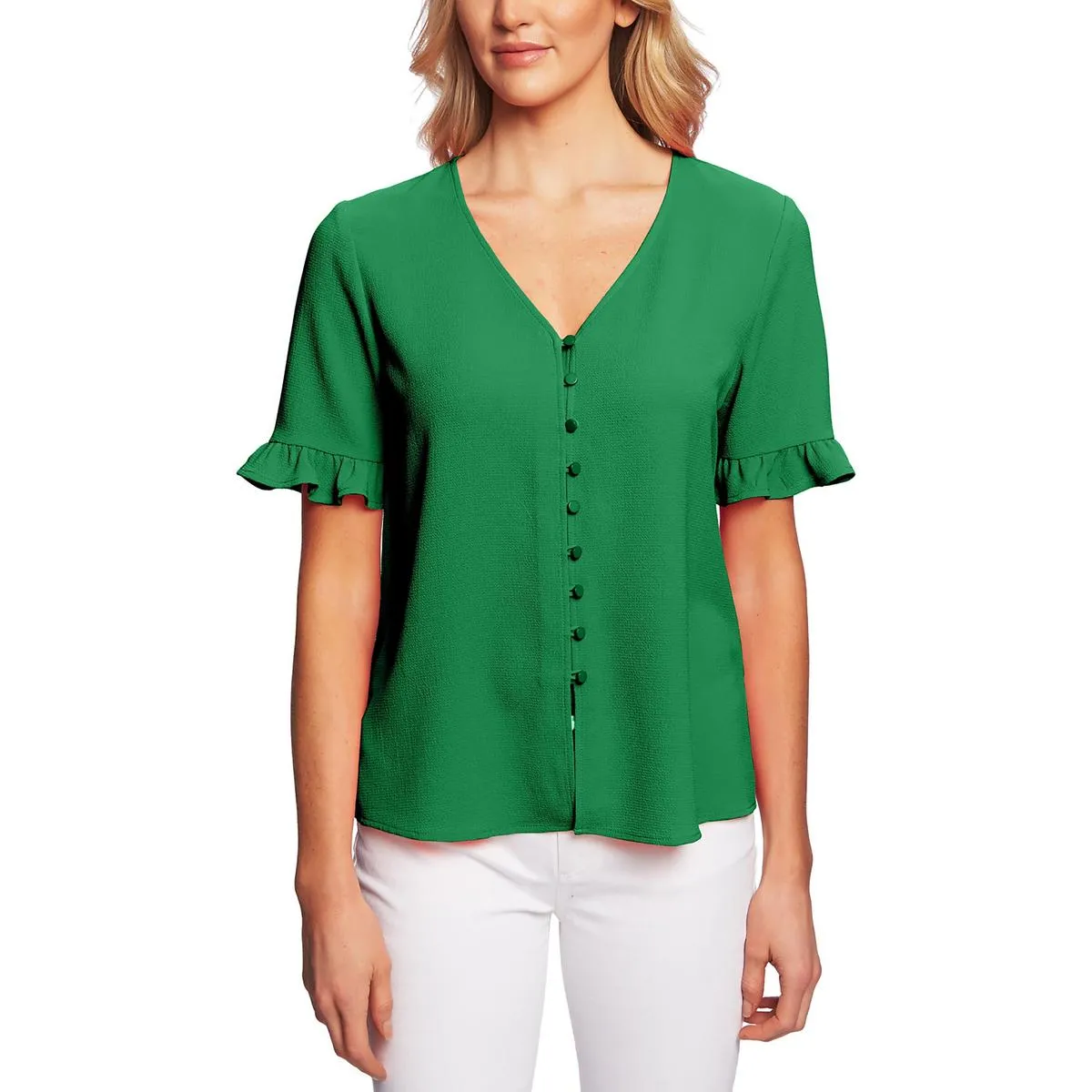 Womens V-Neck Ruffled Button-Down Top