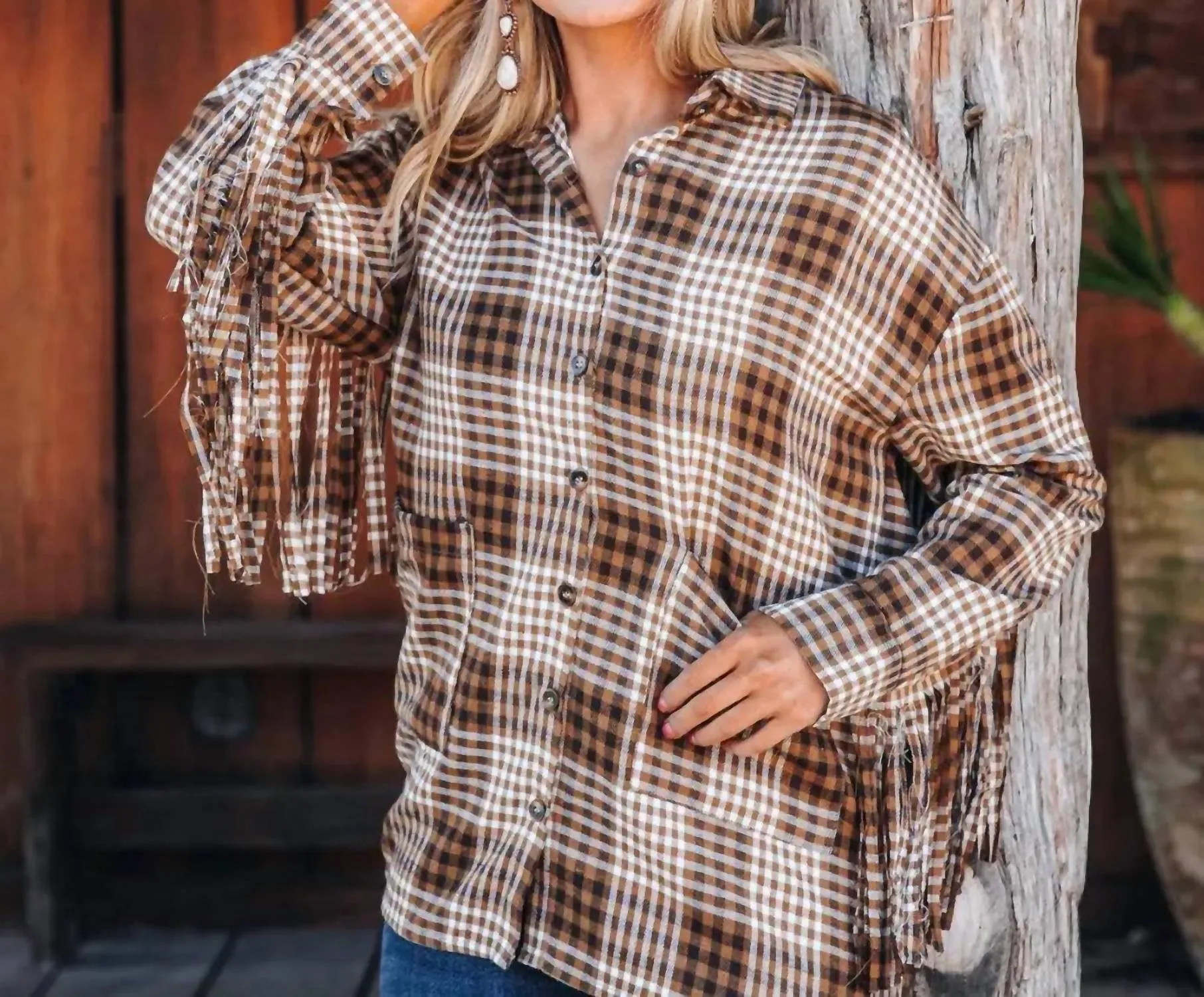 Woodland Escape Long Sleeve Flannel Top In Brown Plaid & Fringe