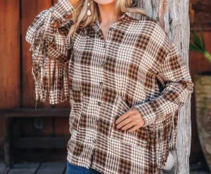 Woodland Escape Long Sleeve Flannel Top In Brown Plaid & Fringe