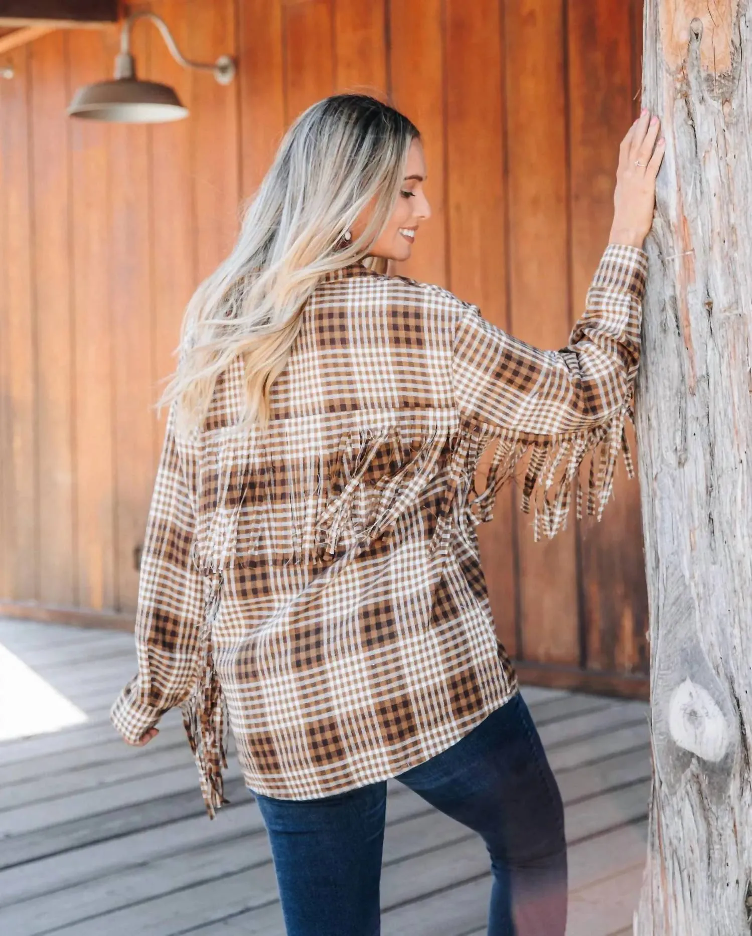 Woodland Escape Long Sleeve Flannel Top In Brown Plaid & Fringe