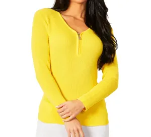 Zip V-Neck Top In Lemon